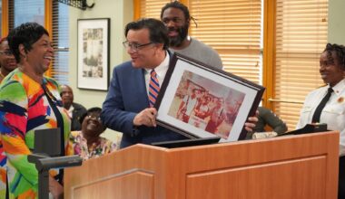 During Thursday’s city council meeting, Councilman Luis Viera presented Betty Coleman with a plaque as she was surrounded by her family, current Fire Chief Barbara Tripp, city leaders and residents. (Tampa Fire Rescue)