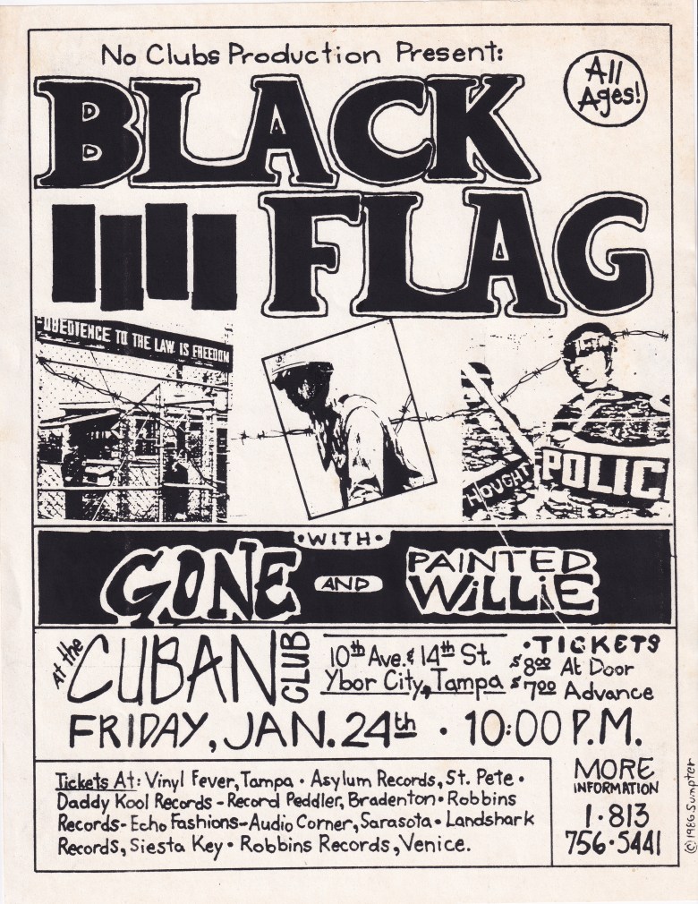 A bold, black-and-white flyer for No Clubs Production featuring Black Flag with Gone and Painted Willie. The iconic four-bar Black Flag logo is prominent at the top. The center features three framed, high-contrast photos of scenes involving barbed wire and police.