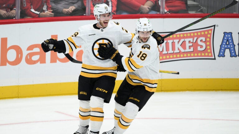 Boston Bruins center Elias Lindholm (28) celebrates his goal with center Pavel Zacha (18) during the third period of an NHL hockey game against the Washington Capitals, Wednesday, Oct. 8, 2025, in Washington.