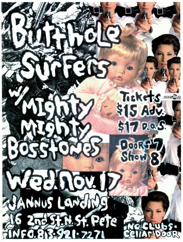 A surreal, full-color concert flyer for the Butthole Surfers with the Mighty Mighty Bosstones. The design features a large, vintage-style baby doll in a pink dress in the center, flanked by a repeating pattern of a woman pointing a handgun directly at the viewer.