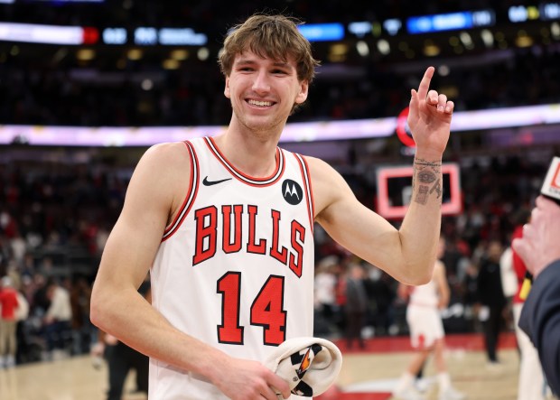 Bulls forward Matas Buzelis celebrates a 121-114 win over the Magic at the United Center on Jan. 2, 2026, in Chicago. (John J. Kim/Chicago Tribune)