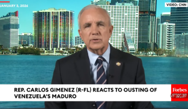 A man speaks on a TV broadcast with blue ocean and city skyline in the background.