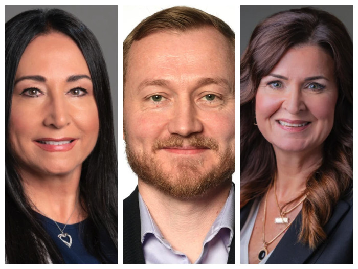 A triptych of professional headshots featuring two women and one man, all smiling and dressed in business attire.