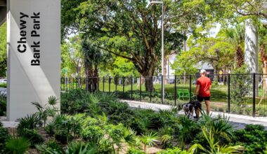 Photo of a person walking two dogs along a path under an overpass. A column below the overpass has a sign reading, "Chewy Bark Park"