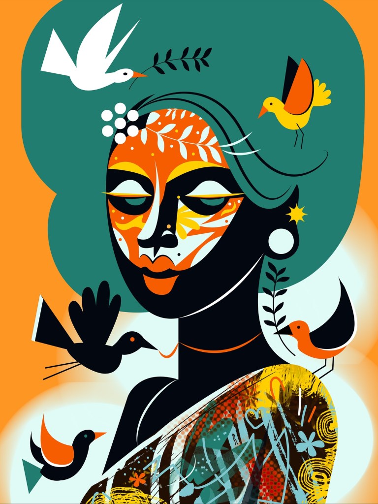 A stylized, vibrant illustration of a person with dark skin and orange-and-white patterns on their face, surrounded by several birds. The figure has flowing teal hair and is wearing a colorful, patterned garment. A white dove with an olive branch flies above, while several smaller orange, yellow, and black birds interact with the figure against a warm orange and white background.