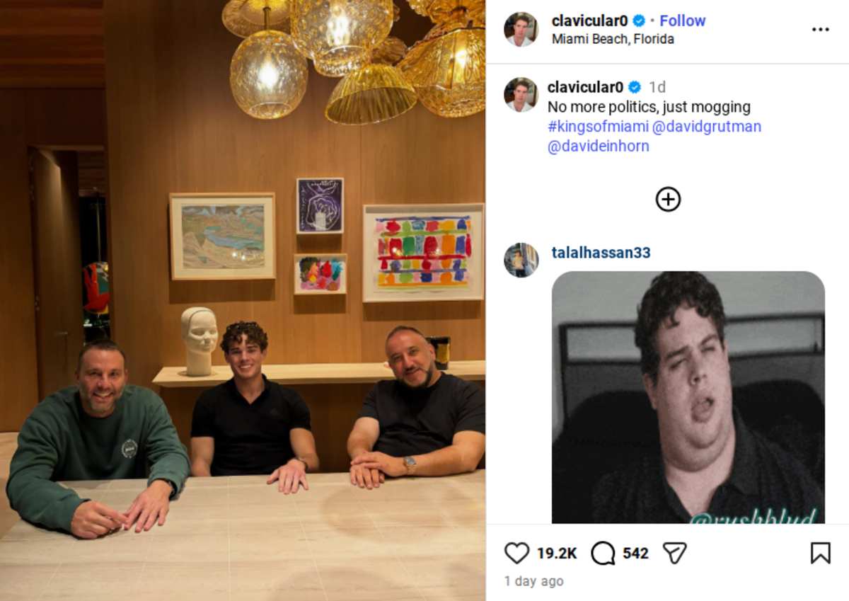 Instagram screenshot of Clavicular's post of a photo with Clavicular sitting in the center with Dave Grutman on his left and David Einhorn (right).