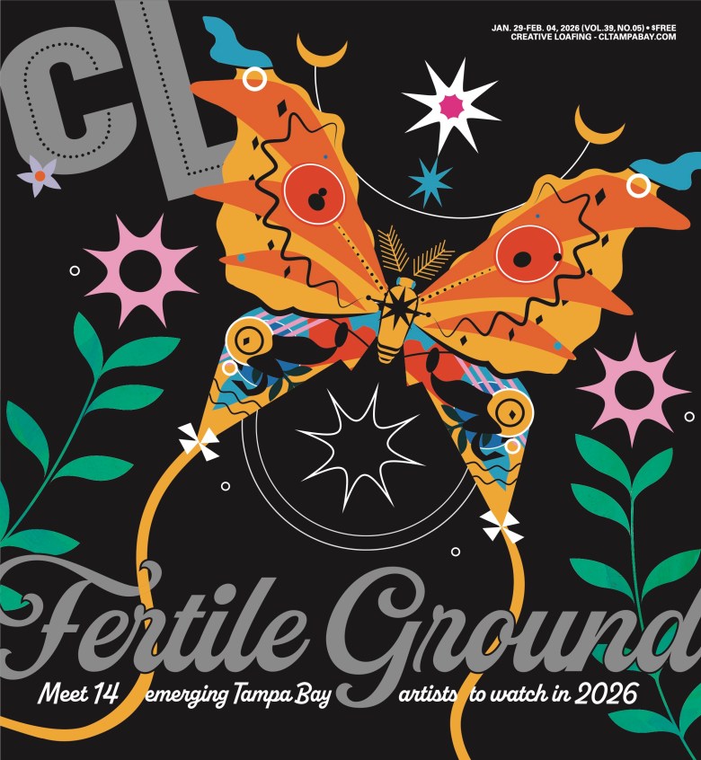 The magazine cover for Creative Loafing Tampa Bay, dated January 29-February 4, 2026, featuring the title "Fertile Ground" in large, cursive grey font. The subtitle reads, "Meet 14 emerging Tampa Bay artists to watch in 2026." The background is black, dominated by a vibrant, symmetrical orange moth illustration surrounded by white stars, green leafy vines, and crescent moons.