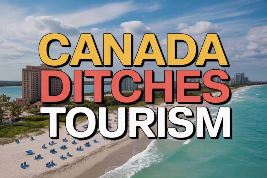 "a bustling florida beach in the foreground with an empty hotel lobby behind, while the text overlay reads'Florida's Tourism Crisis – What’s Going Wrong in 2025?' in bold letters."