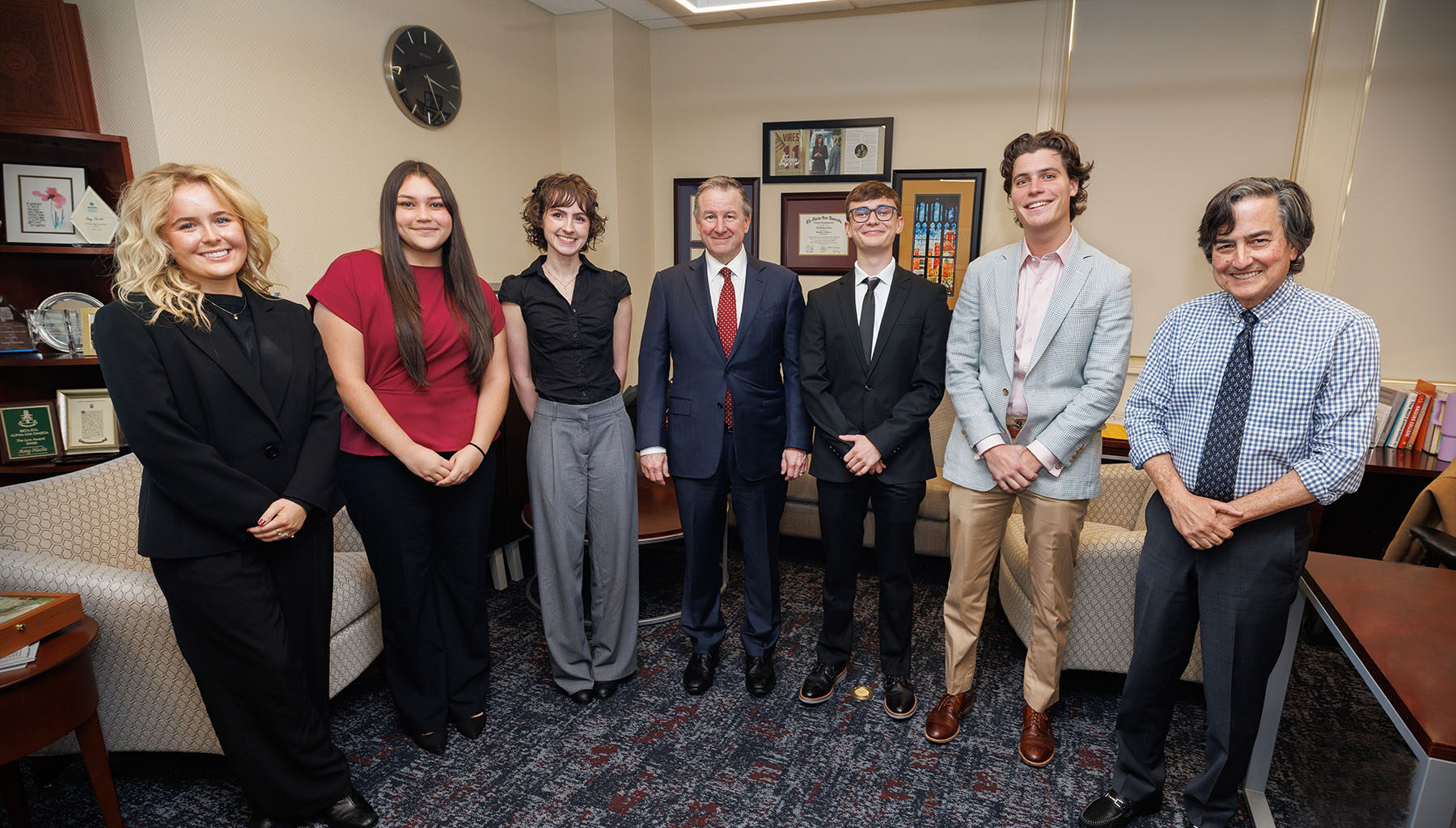 (From left) Rachel Armstrong, Gabriella Burke, Isabella Perez, FSU President Richard McCullough, Jonah Watson, Mickey Wagoner and Provost and Executive Vice President for Academic Affairs Jim Clark.