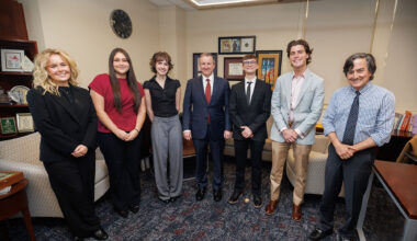 (From left) Rachel Armstrong, Gabriella Burke, Isabella Perez, FSU President Richard McCullough, Jonah Watson, Mickey Wagoner and Provost and Executive Vice President for Academic Affairs Jim Clark.