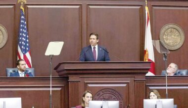 Florida Governor Ron DeSantis delivers his State of the State address as Florida House Speaker Daniel Perez (left) and Florida Senate President Ben Albritton (right) listen Tuesday. (MATIAS J. OCNER/Miami Herald/TNS)
