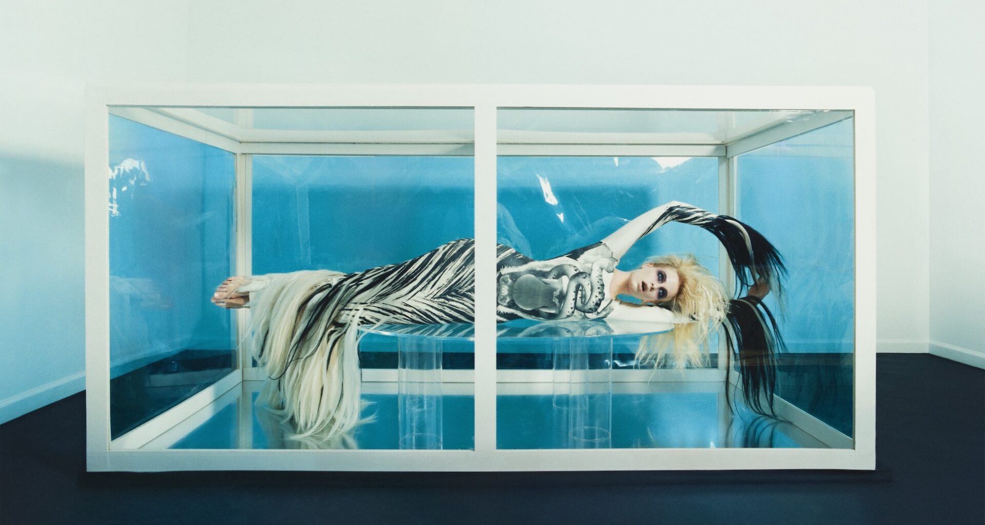 photo of a woman in a black-and-white gown laying down inside a glass, rectangular structure