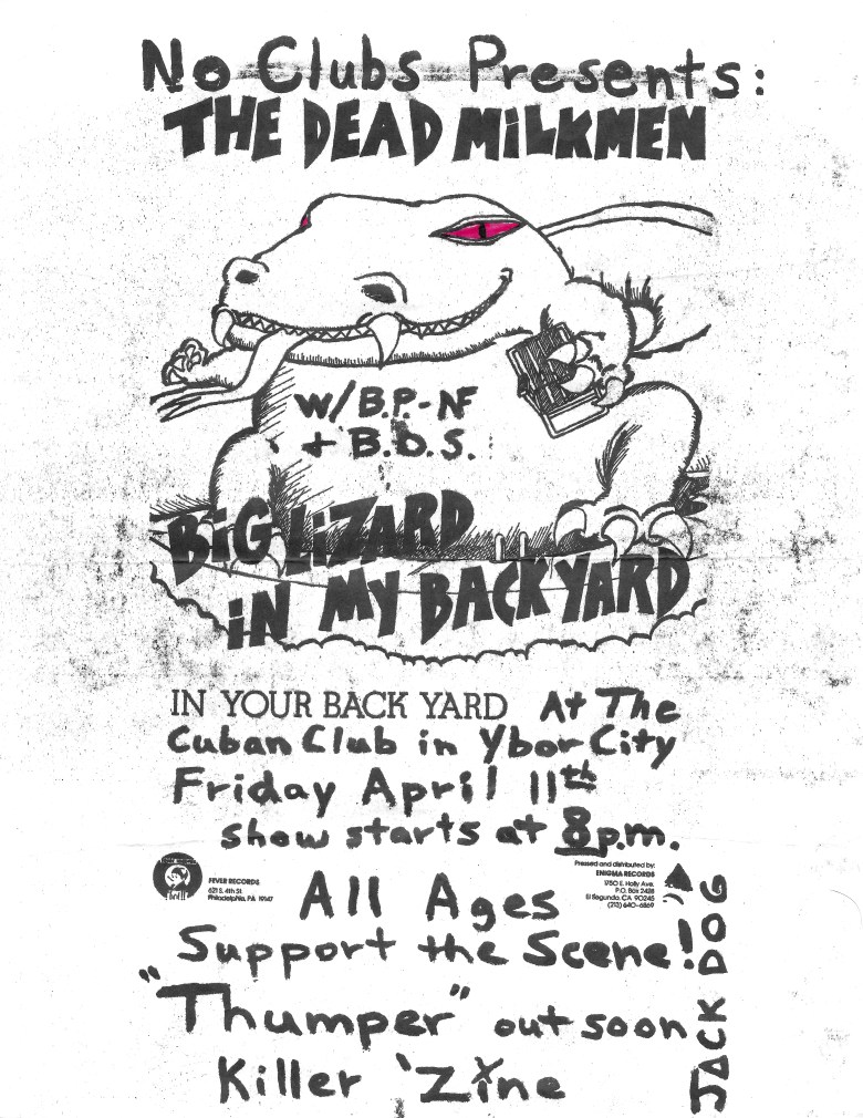A white, hand-drawn concert flyer for No Clubs Presents The Dead Milkmen. The central artwork features a large, cartoonish "Big Lizard" with pink eyes and a long tongue, clutching a small cassette player or radio.
