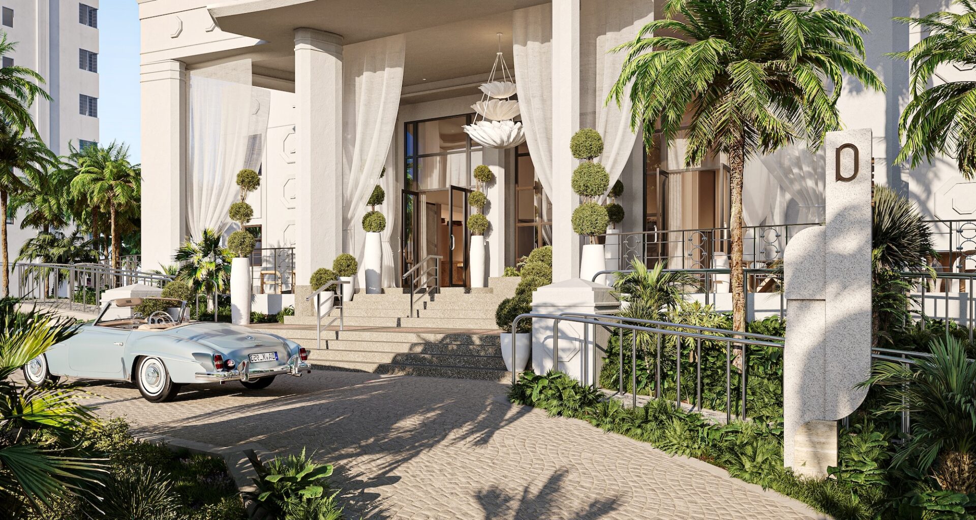 digital rendering of the facade of the Delano Miami Beach with a luxury car out front