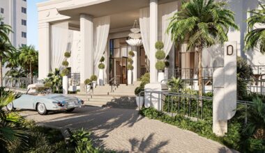 digital rendering of the facade of the Delano Miami Beach with a luxury car out front