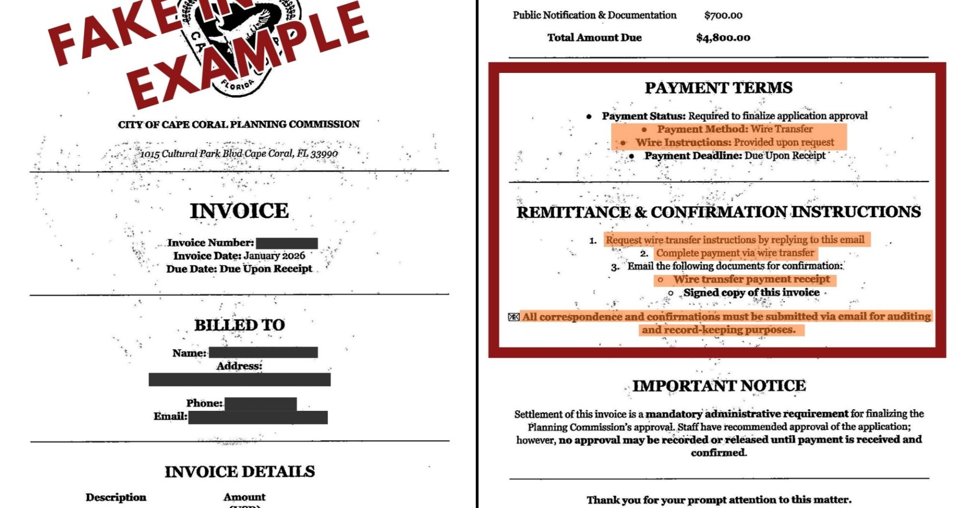 Cape Coral Warns of Invoice Scam