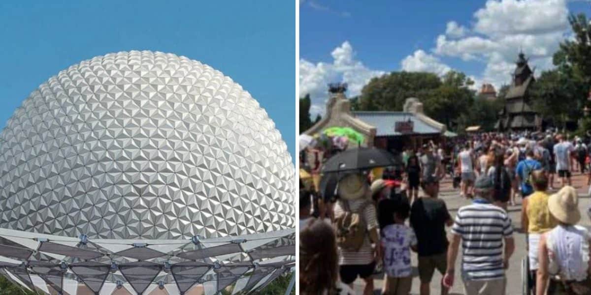 A split image showing EPCOT’s iconic Spaceship Earth dome on the left and a large crowd enjoying Disney World under a sunny, blue sky on the right, capturing the excitement of 2025.