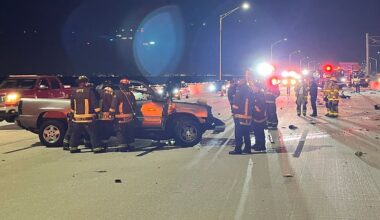 According to the Florida Highway Patrol, a 37-year-old man from Musella, Ga. was driving a Chevy Silverado truck southbound on the bridge just before 10 p.m. when he travelled into a marked construction zone and crashed into a Ford F550 work vehicle. (FHP)