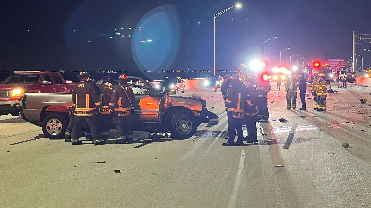 According to the Florida Highway Patrol, a 37-year-old man from Musella, Ga. was driving a Chevy Silverado truck southbound on the bridge just before 10 p.m. when he travelled into a marked construction zone and crashed into a Ford F550 work vehicle. (FHP)
