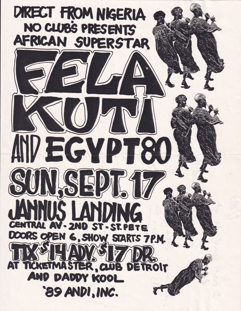 A vintage, black-and-white concert flyer for No Clubs Presents "African Superstar" Fela Kuti and Egypt 80. The right side of the flyer features a recurring column of stylized, hand-drawn illustrations of three individuals in traditional African attire playing long flutes or horns.