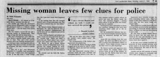 The Fort Lauderdale News reported on June 21, 1982, that police had little information to investigate the disappearance of Delores Bailey, 24, from the 7-Eleven in Hollywood where she worked. (Newspapers.com)