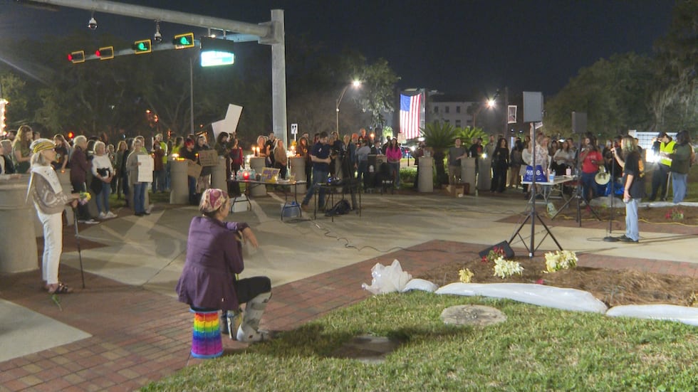 Protesters gathered in front of the Old Florida Capitol Thursday evening after an ICE...