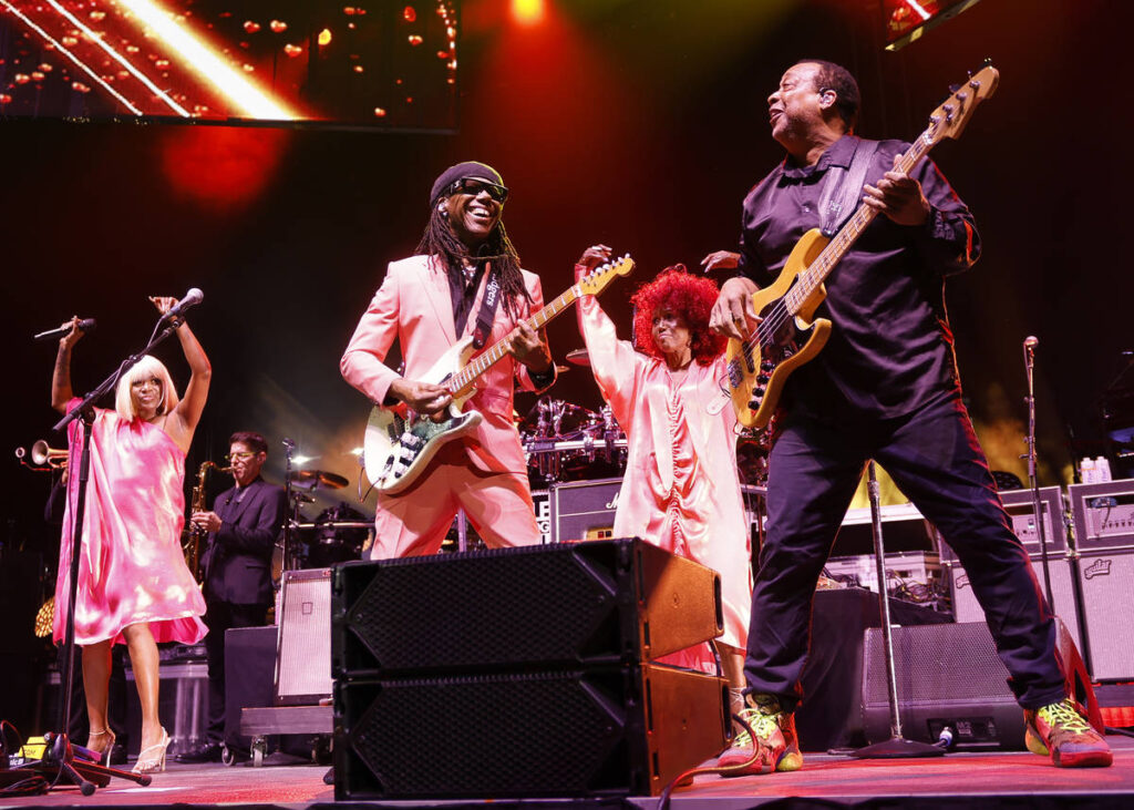 NASHVILLE, TENNESSEE - JUNE 13: Kimberly Davis, Nile Rodgers, Audrey Martells and Jerry Barnes of the band Chic perform at Bridgestone Arena on June 13, 2023 in Nashville, Tennessee.