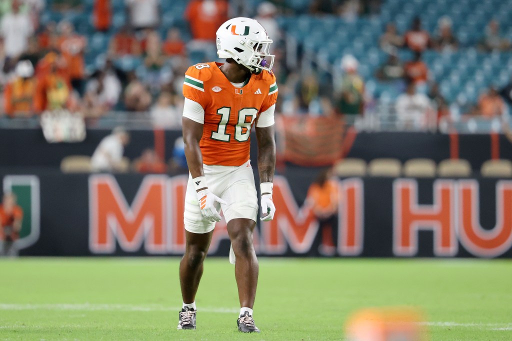 Chance Robinson #18 of the Miami Hurricanes looks on against the Bethune-Cookman Wildcats during the fourth quarter at Hard Rock Stadium. 