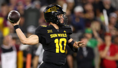 Quarterback Sam Leavitt #10 of the Arizona State Sun Devils passes the ball against the TCU Horned ...