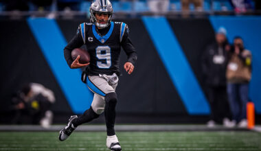 CHARLOTTE, NORTH CAROLINA - DECEMBER 28: Bryce Young #9 of the Carolina Panthers runs the ball during the second half of a football game against the Seattle Seahawks at Bank of America Stadium on December 28, 2025 in Charlotte, North Carolina. (Photo by David Jensen/Getty Images)
