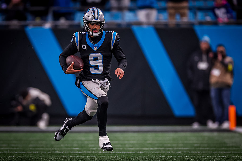 CHARLOTTE, NORTH CAROLINA - DECEMBER 28: Bryce Young #9 of the Carolina Panthers runs the ball during the second half of a football game against the Seattle Seahawks at Bank of America Stadium on December 28, 2025 in Charlotte, North Carolina. (Photo by David Jensen/Getty Images)