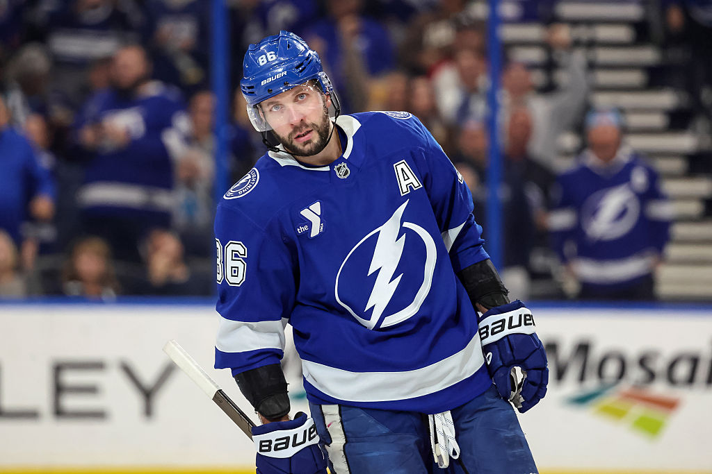 TAMPA, FL - DECEMBER 28: Nikita Kucherov #86 of the Tampa Bay Lightning against the Montréal Canadiens during the second period at the Benchmark International Arena on December 28, 2025 in Tampa, Florida. (Photo by Mike Carlson/Getty Images)