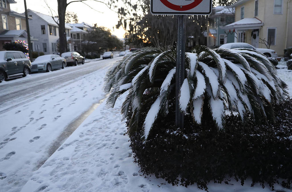 SAVANNAH, GA - JANUARY 04: Snow covers a street as snow that fell yesterday and cold weather blanket the area on January 4, 2018 in Savannah, Georgia. From Maine to Florida every state along the east coast is expected to have to deal with winter weather.