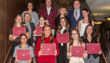 The Global Citizenship Certificate (GCC) graduates with Cindy Green, director of the Center for Global Engagement; Tim Chapin, dean of the College of Social Sciences and Public Policy; and Bryant Harden, program director for the GCC.