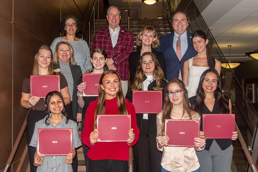 The Global Citizenship Certificate (GCC) graduates with Cindy Green, director of the Center for Global Engagement; Tim Chapin, dean of the College of Social Sciences and Public Policy; and Bryant Harden, program director for the GCC.