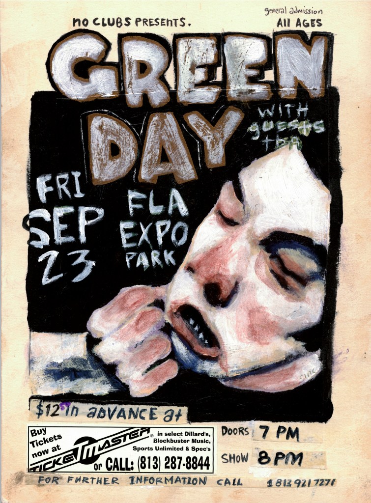 A stylized, artistic concert flyer for No Clubs Presents Green Day. The design features a large, hand-painted portrait of a person's face in black, white, and red tones, with "Green Day" written in large, rough silver and gold letters.