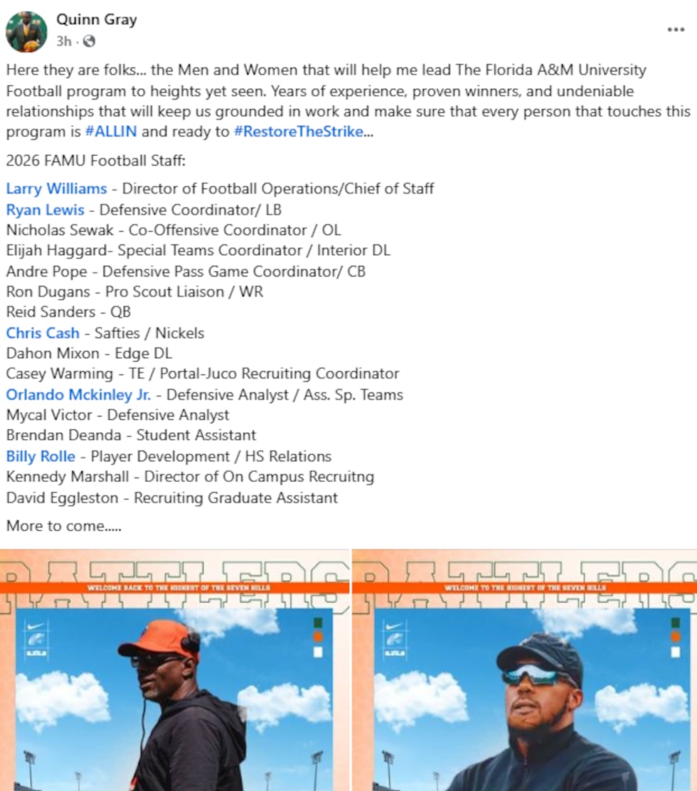 The Rattlers' new head coach announces on Facebook his picks for the 2026 coaching staff.