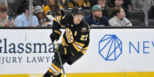 Hampus Lindholm skating for the Boston Bruins 2025