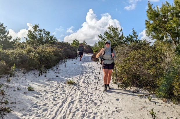 Kaley Deal and Cody Peacock make their way through Jonathan Dickinson State Park during a backpacking trip on the Ocean to Lake Hiking Trail on Nov. 4, 2024. (Patrick Connolly/Orlando Sentinel)