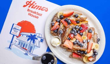 Aerial view of a plate of french toast and a menu that says Himes on the front