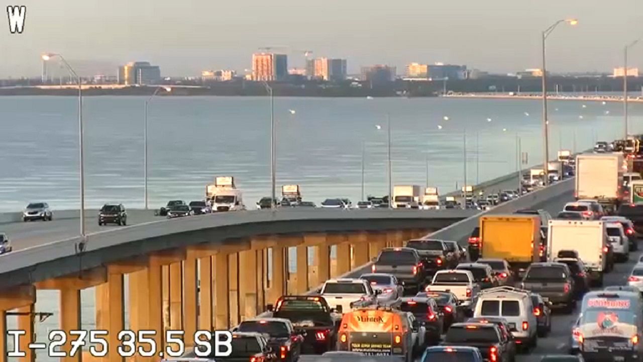 The southbound lanes of the Howard Frankland Bridge will be closed Wednesday night into Thursday morning. (BN9 Traffic Cam)