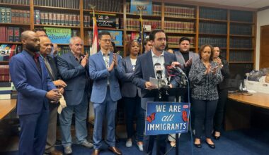 Community leaders and advocates gathered Wednesday morning at the Orange County Democratic Party office to oppose the current state of immigration enforcement in the region. (Spectrum News/Massiel Leyva)