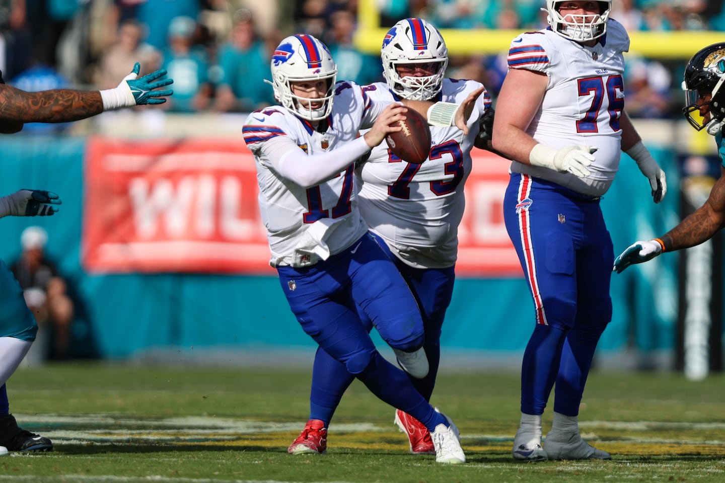 Bills quarterback Josh Allen completed 80 percent of his passes for 273 yards and three total touchdowns in Sunday's win over the Jaguars.