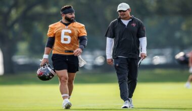 TAMPA, FL - August 08, 2024 - Quarterback Baker Mayfield #6 and Pass Game Coordinator Josh Grizzard of the Tampa Bay Buccaneers during 2024 Training Camp at AdventHealth Training Center. Photo By Doug DeFelice/Tampa Bay Buccaneers