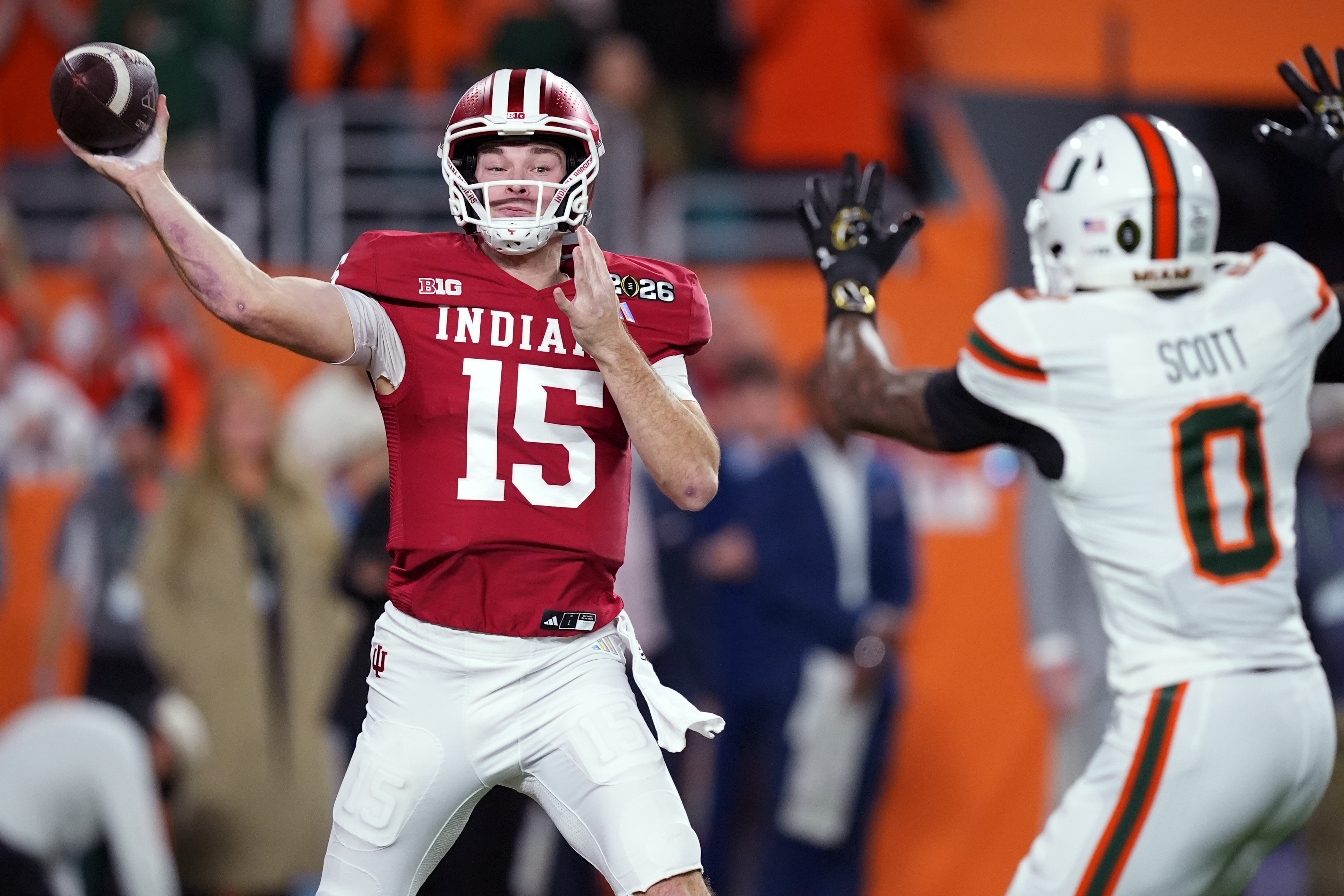 Indiana quarterback Fernando Mendoza passes against Miami during the first half of the College Football Playoff national championship game, Monday, Jan. 19, 2026, in Miami Gardens, Fla. (AP Photo/Rebecca Blackwell)