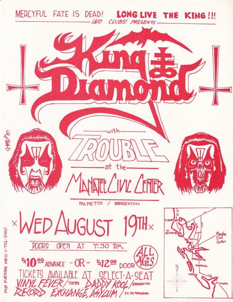 A stark white flyer printed with bright red ink for No Clubs! Presents King Diamond with Trouble. The design is symmetrical, featuring two identical, grotesque face illustrations with inverted crosses on their foreheads and upside-down crosses flanking the band's logo.