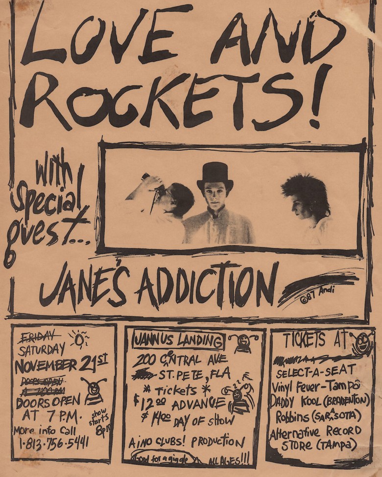 A black-ink flyer on brown paper for Love and Rockets with special guest Jane's Addiction. A central horizontal photo shows three band members in high-contrast silhouettes, one wearing a top hat.