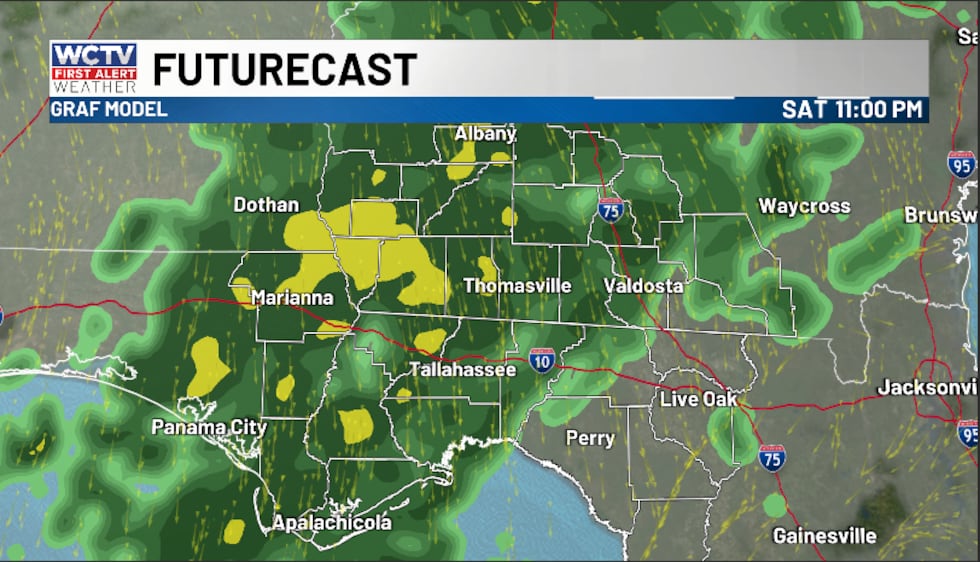 For Saturday night, moisture continues to increase, and we are looking pretty soggy as...
