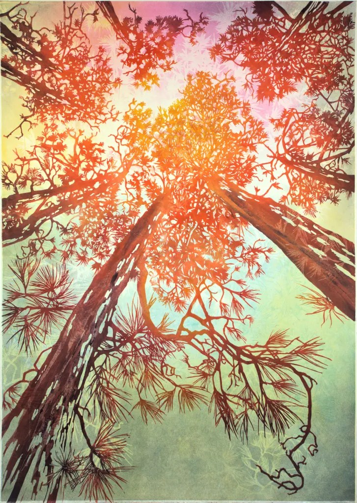 A vibrant, vertical print looking up through a dense canopy of pine trees toward a glowing sky. The tree trunks and needles are rendered in warm shades of orange, red, and brown, silhouetted against a background that gradients from soft green and blue at the bottom to a bright, hazy pink and white light at the top.