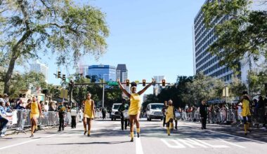 a marching band performs in a parade